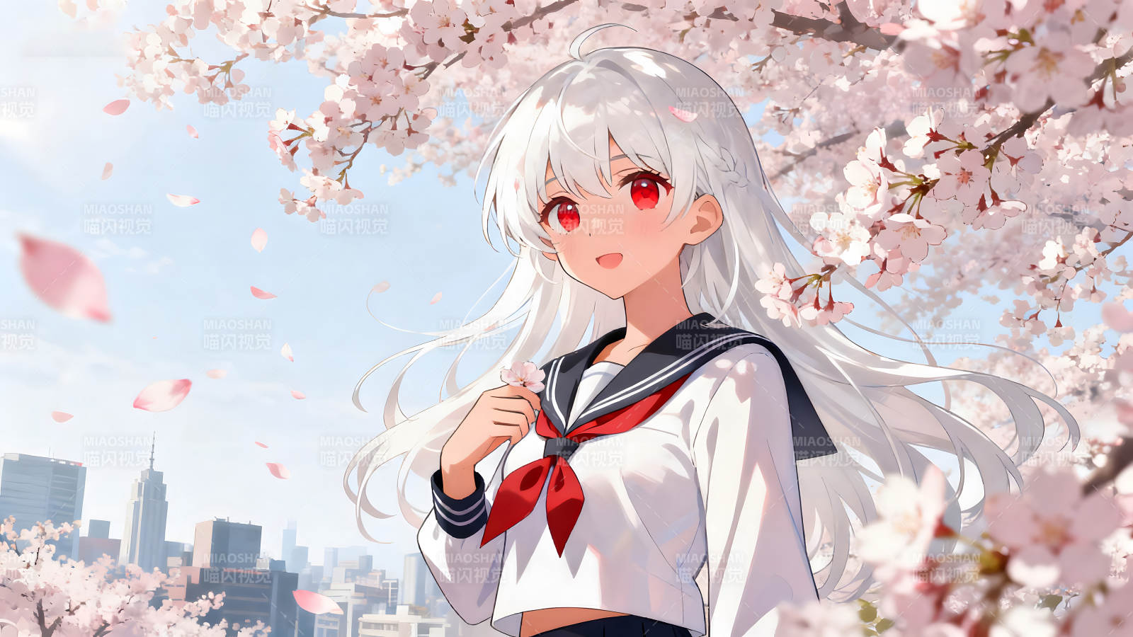 樱花树下少女的微笑图片