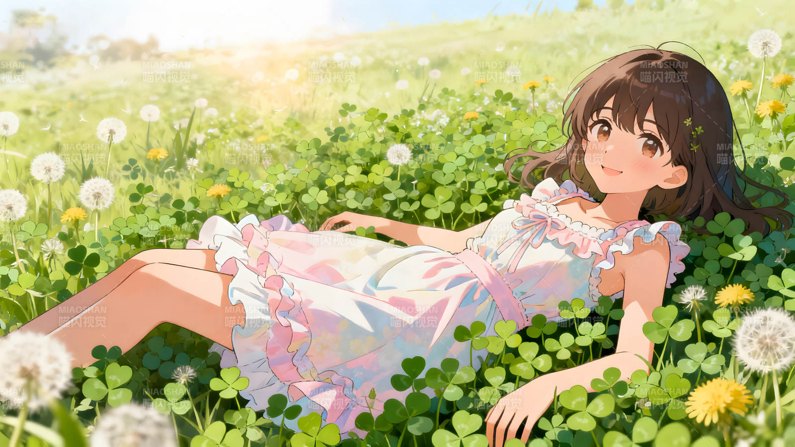 女孩躺在草地上享受阳光图片