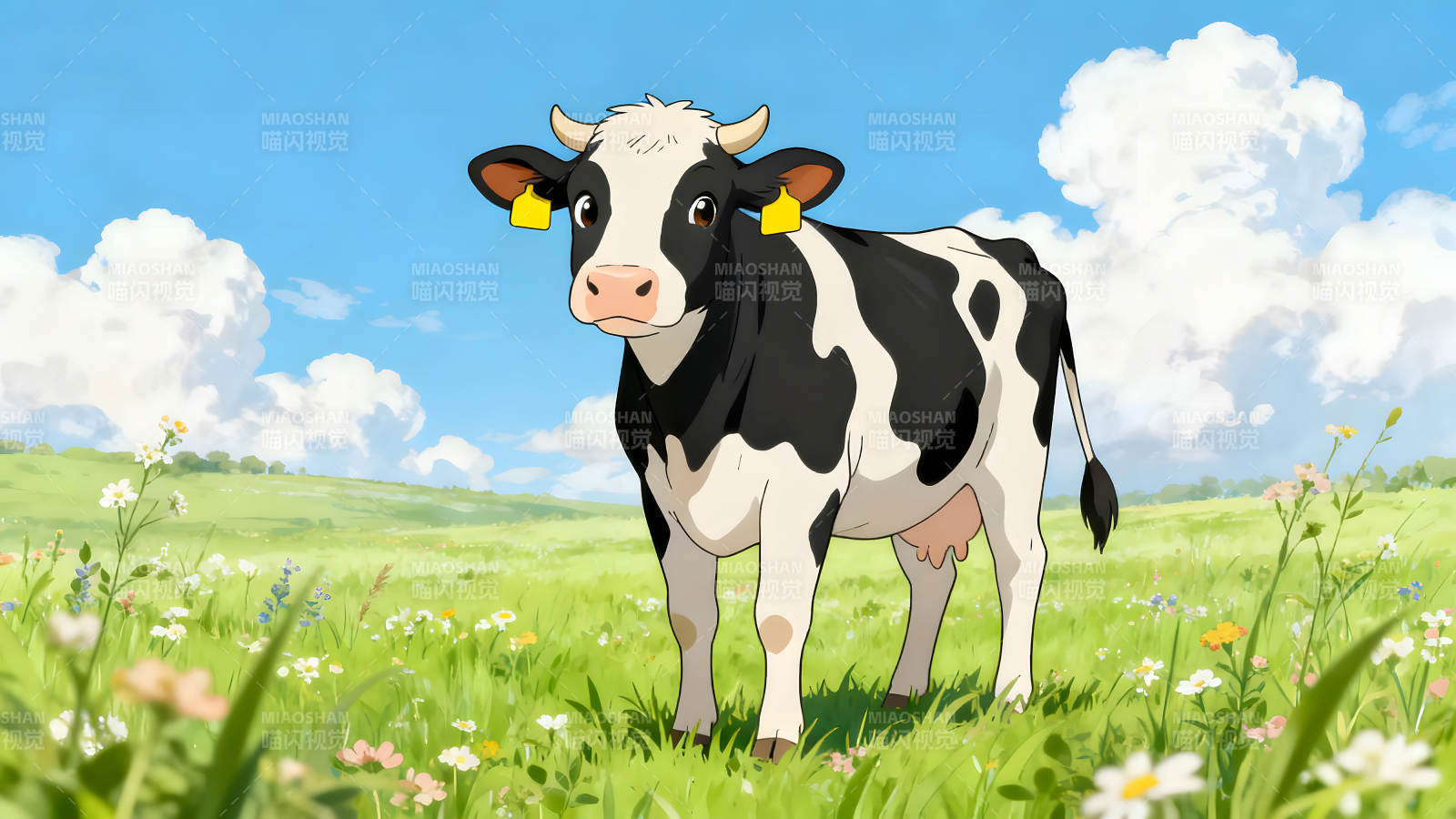 草地上的奶牛天空晴朗风景优美图片