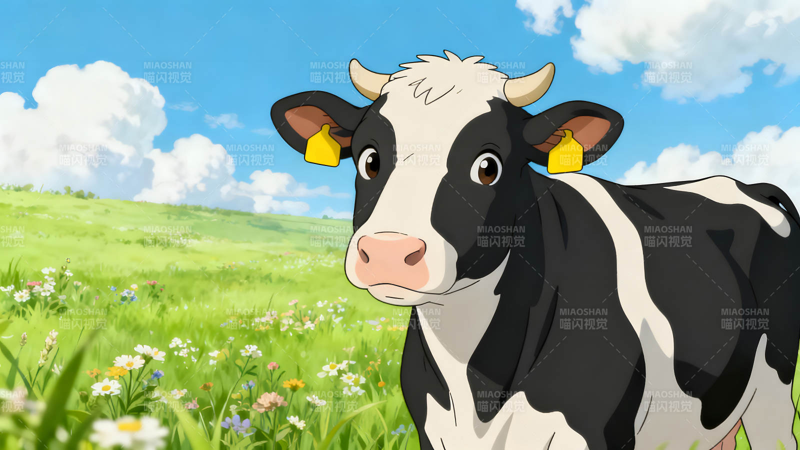 动画风格的奶牛在草地上图片