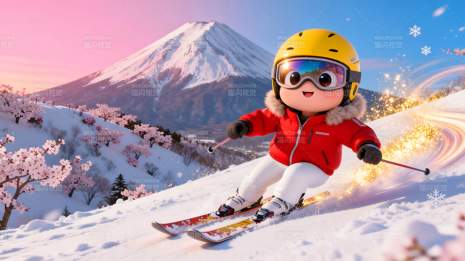 卡通滑雪者在雪山樱花中滑雪图片