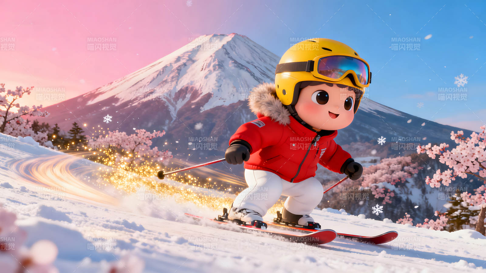 卡通人物滑雪富士山下赏樱花图片