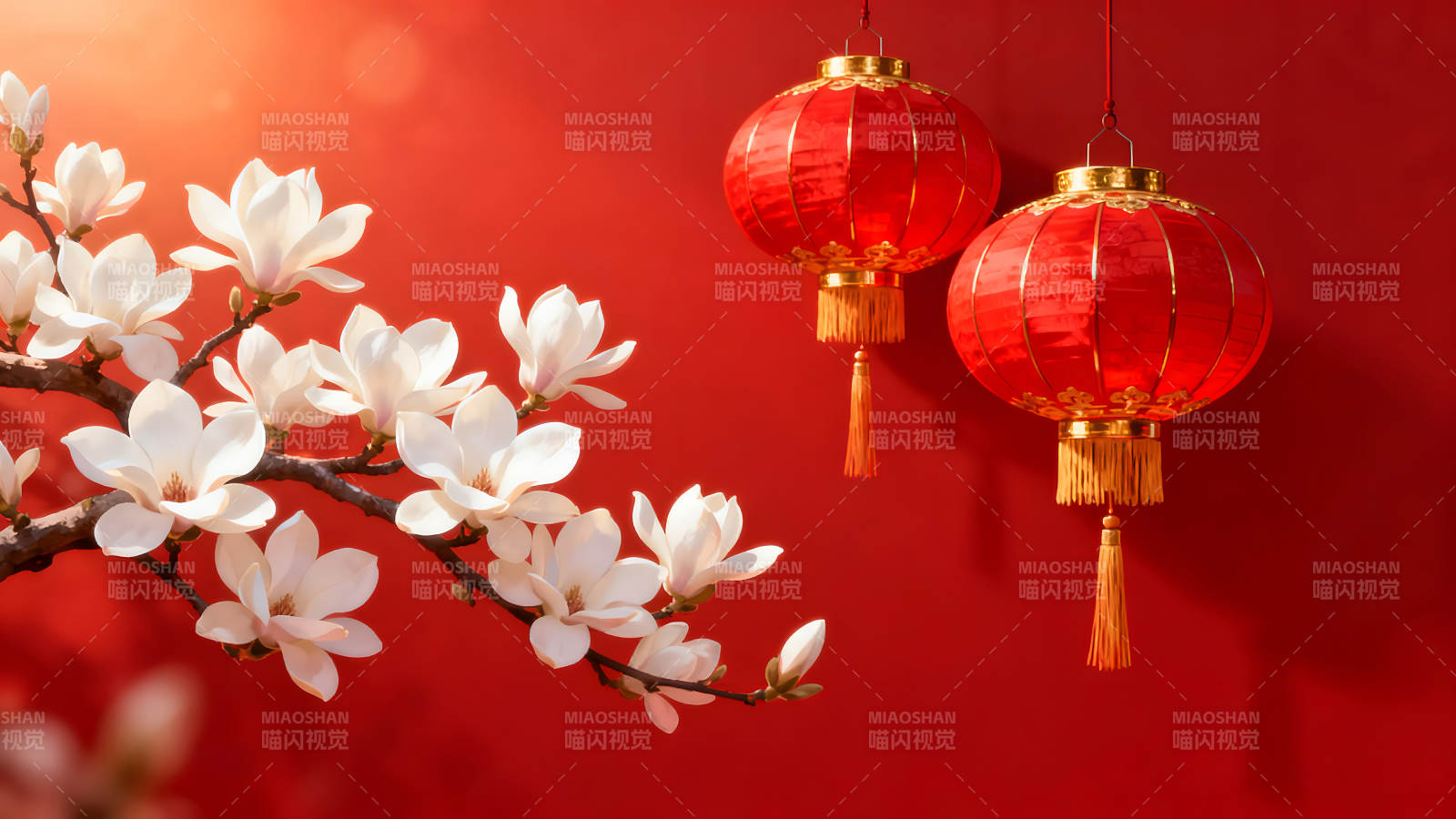 喜庆中国风红灯笼与白玉兰图片