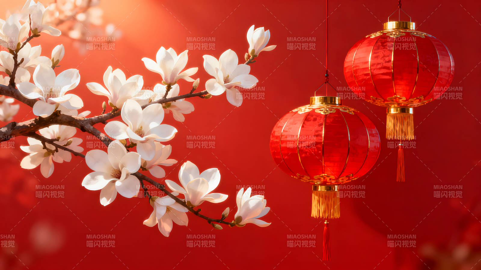 红灯笼与玉兰花喜庆中国风图片