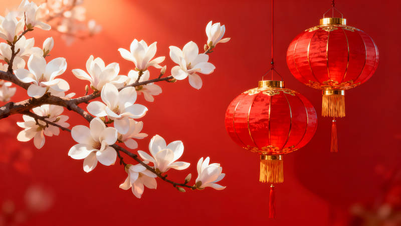 红灯笼与玉兰花喜庆中国风图片