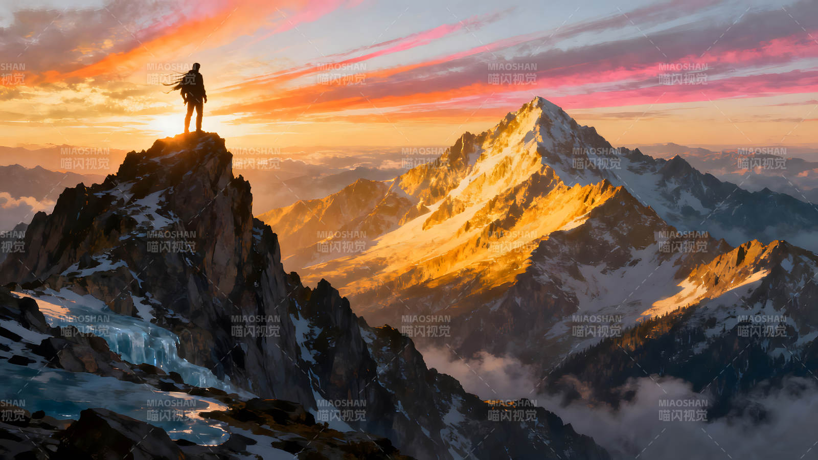 登山者俯瞰壮丽山景夕阳辉映图片