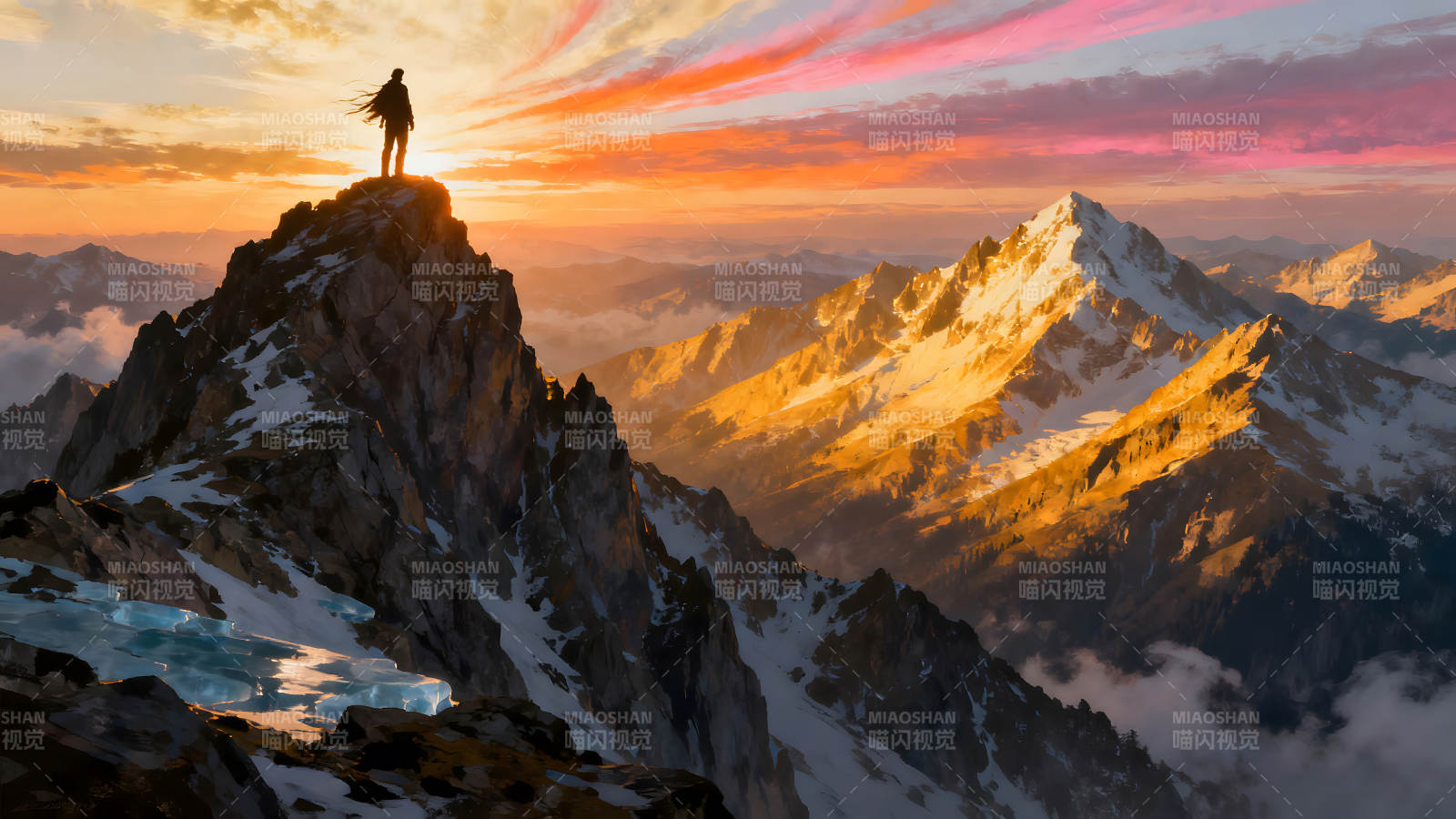 夕阳下的山峰与攀登者身影图片