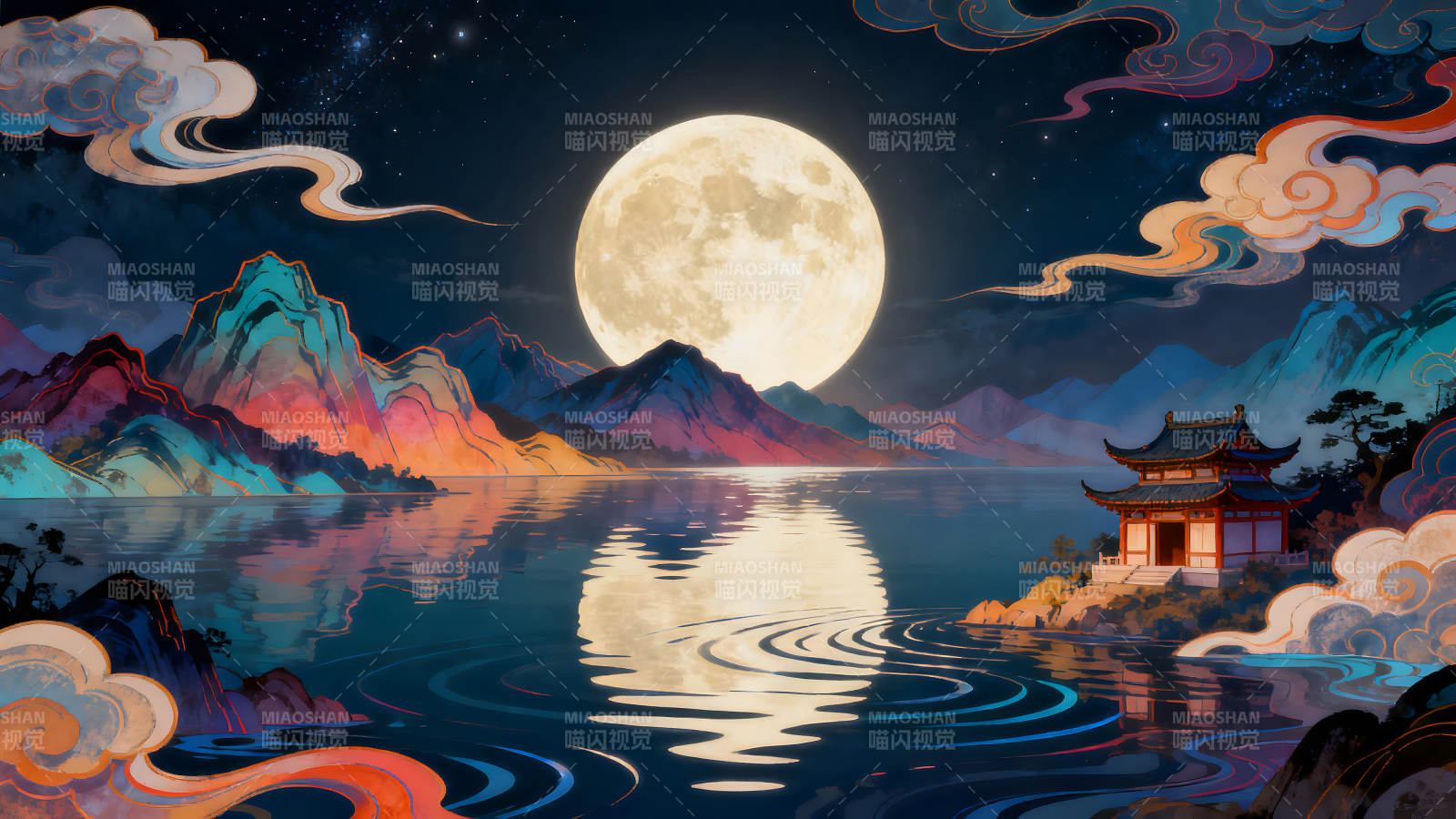 月夜下的山水画卷湖面倒影意境深远图片