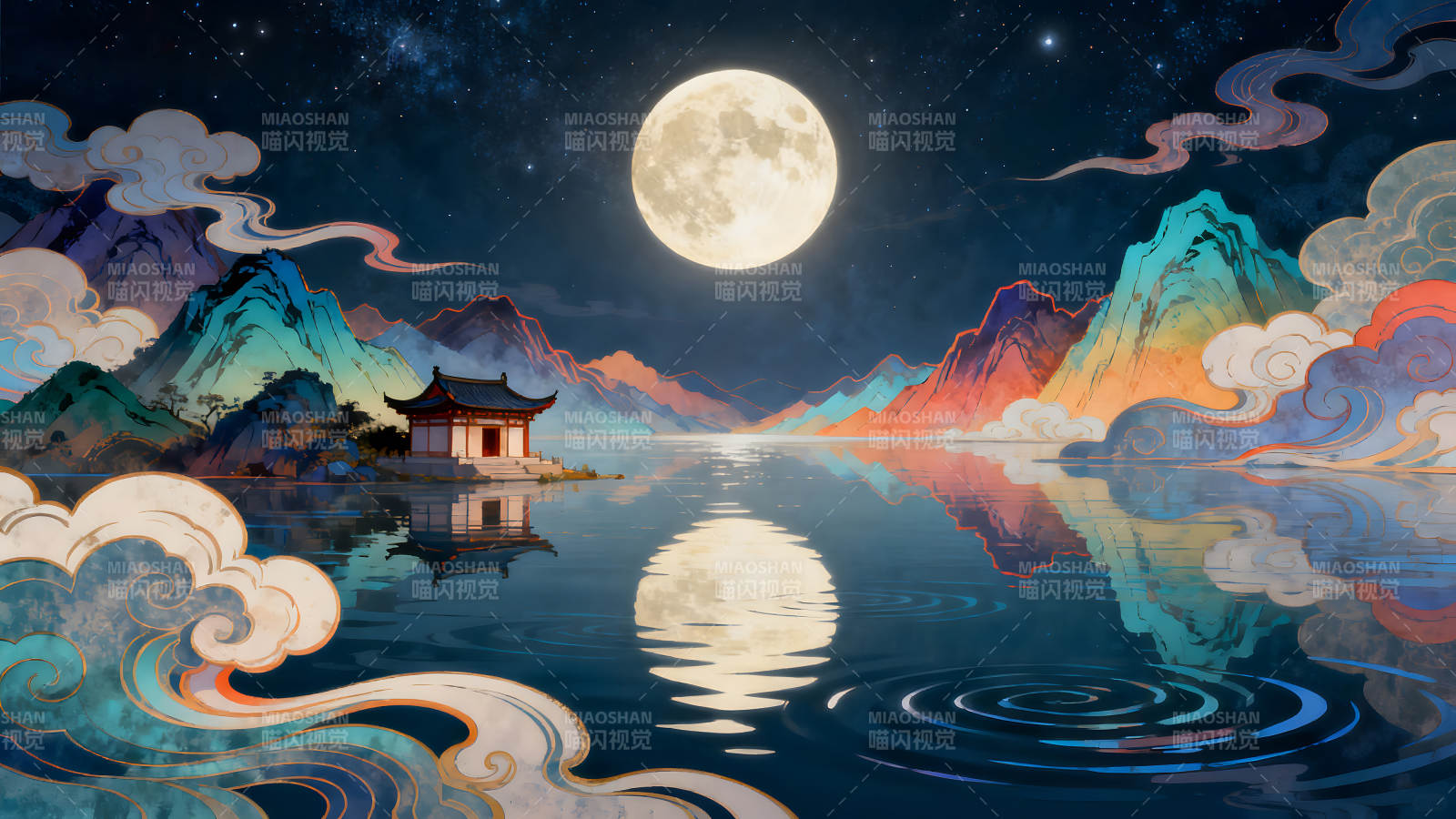 月夜山水画宁静祥和图片