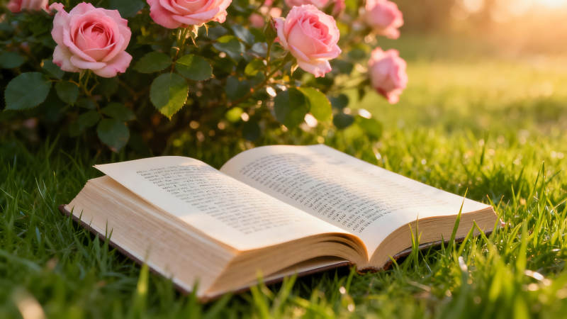 阳光下的书与玫瑰图片