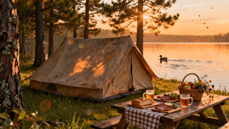 湖畔野餐露营氛围图片