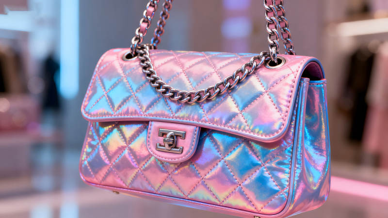 粉色幻彩菱格纹链条包图片