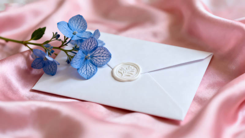 信封与蓝花在粉色丝绸上图片