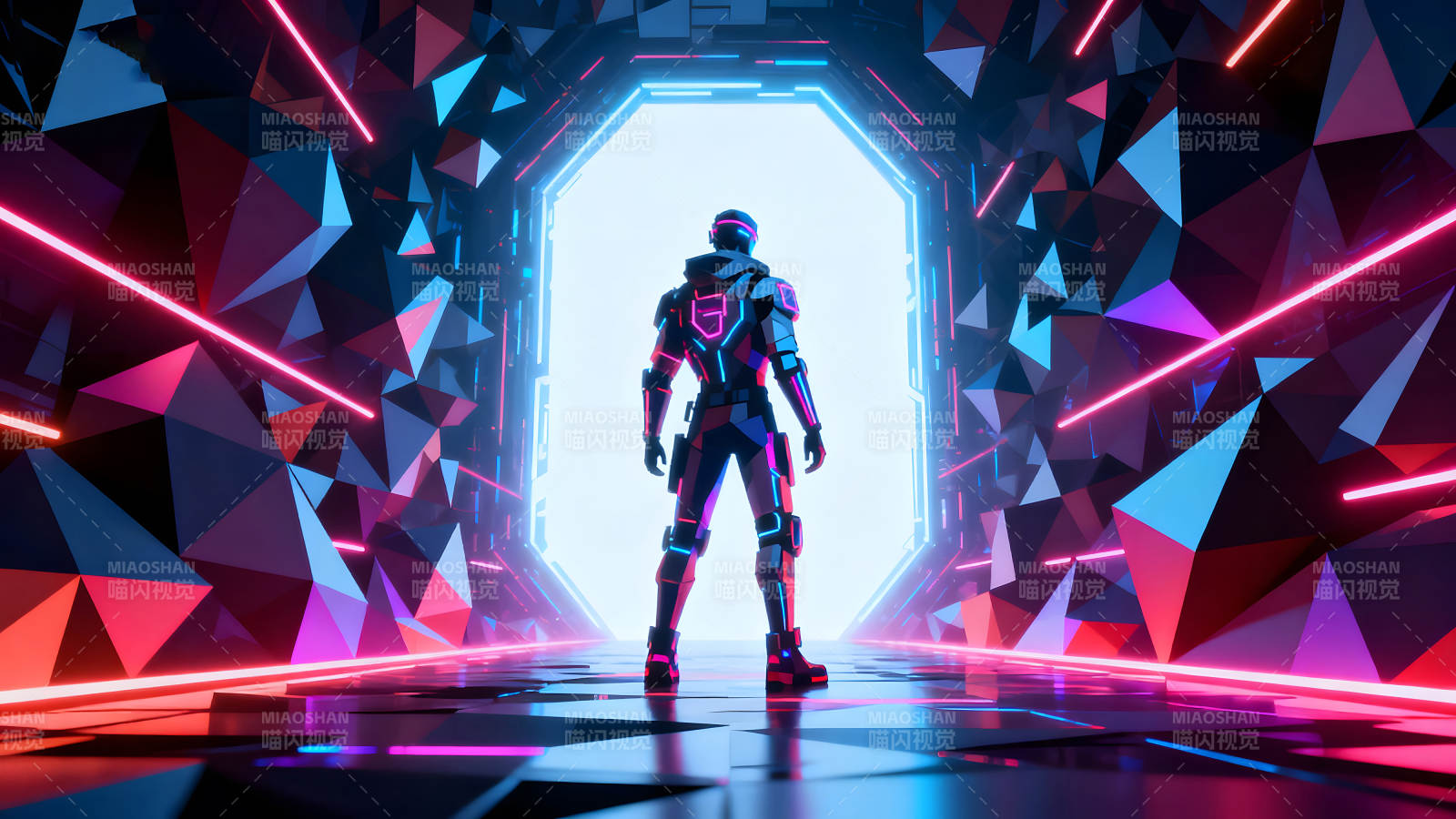 未来战士站在发光的大门前赛博朋克风格图片