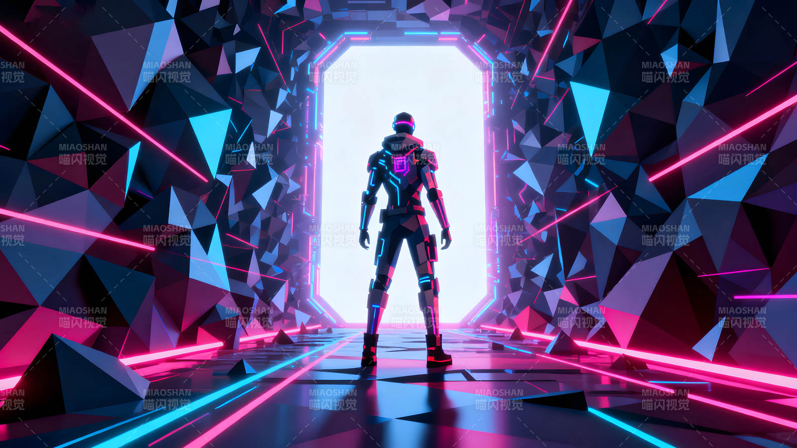 赛博朋克风格的未来战士站在发光的门前图片