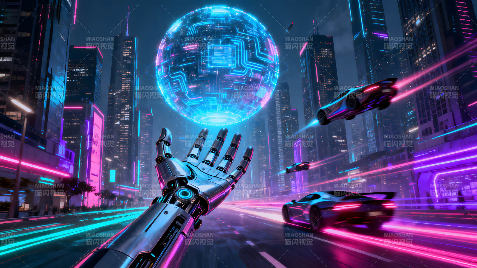 赛博朋克风格未来城市与机械手臂图片