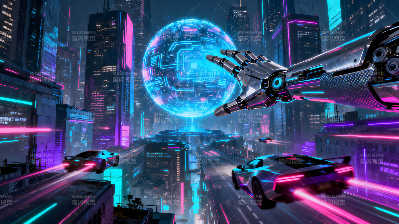 赛博朋克未来城市机械手臂触控科技图片