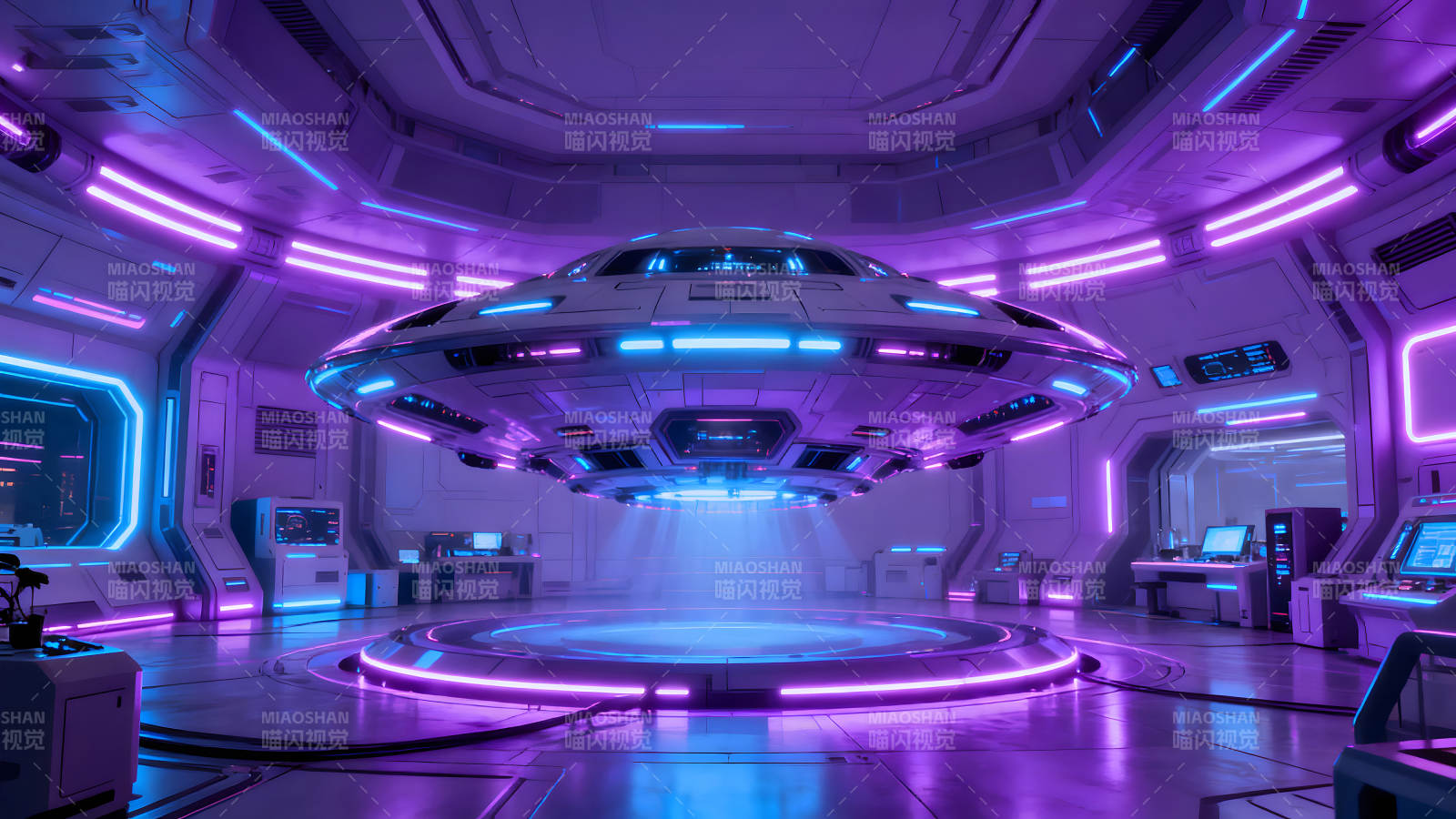 未来风格飞碟停靠场景灯光氛围图片