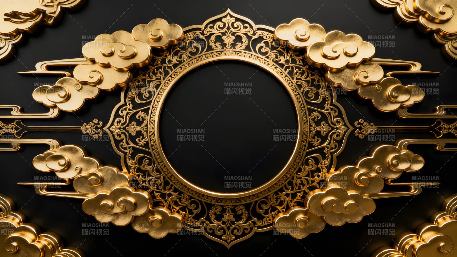 金色祥云环绕黑色圆形背景图片