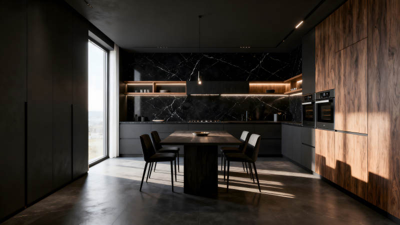 现代风格厨房设计黑调搭配木纹图片