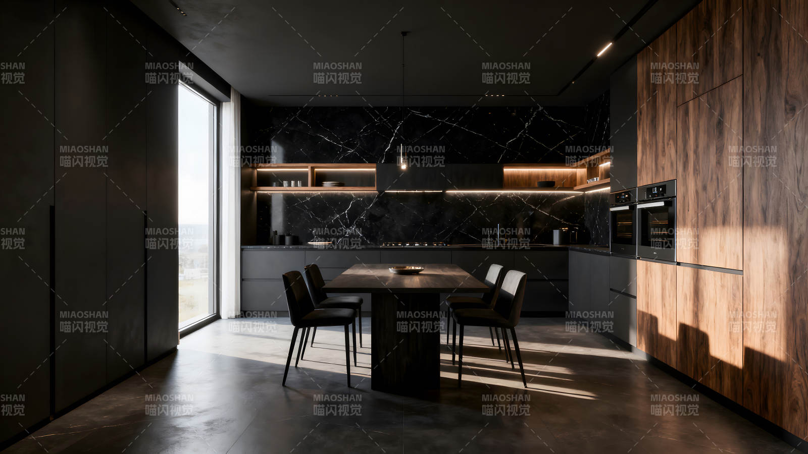 现代风格厨房设计黑调搭配木纹图片