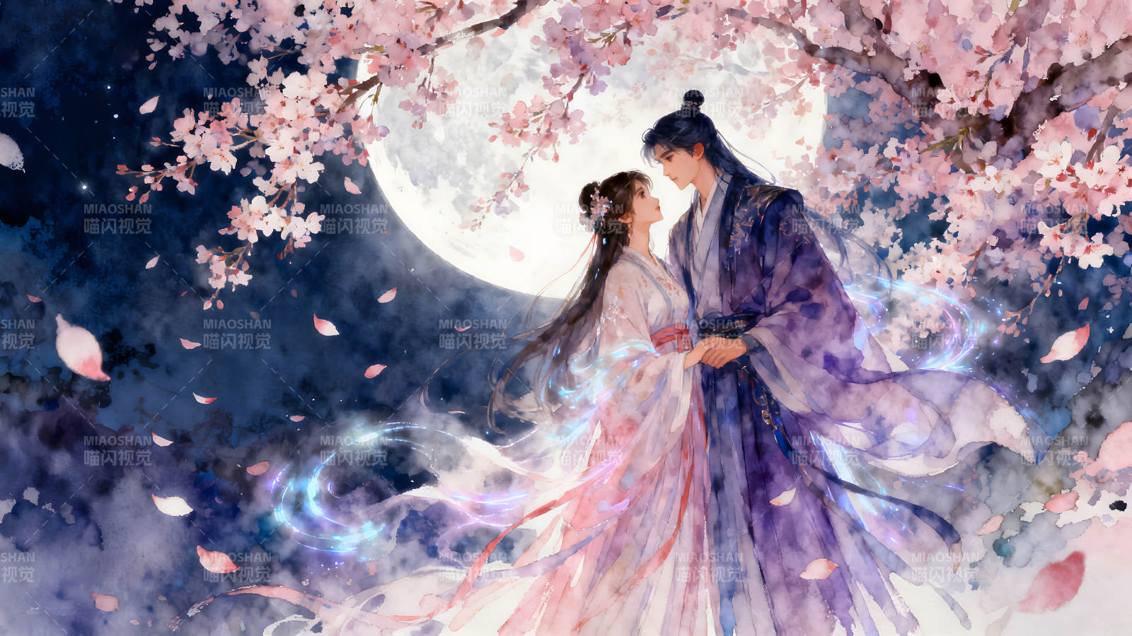 月下情侣相依偎樱花烂漫唯美浪漫图片