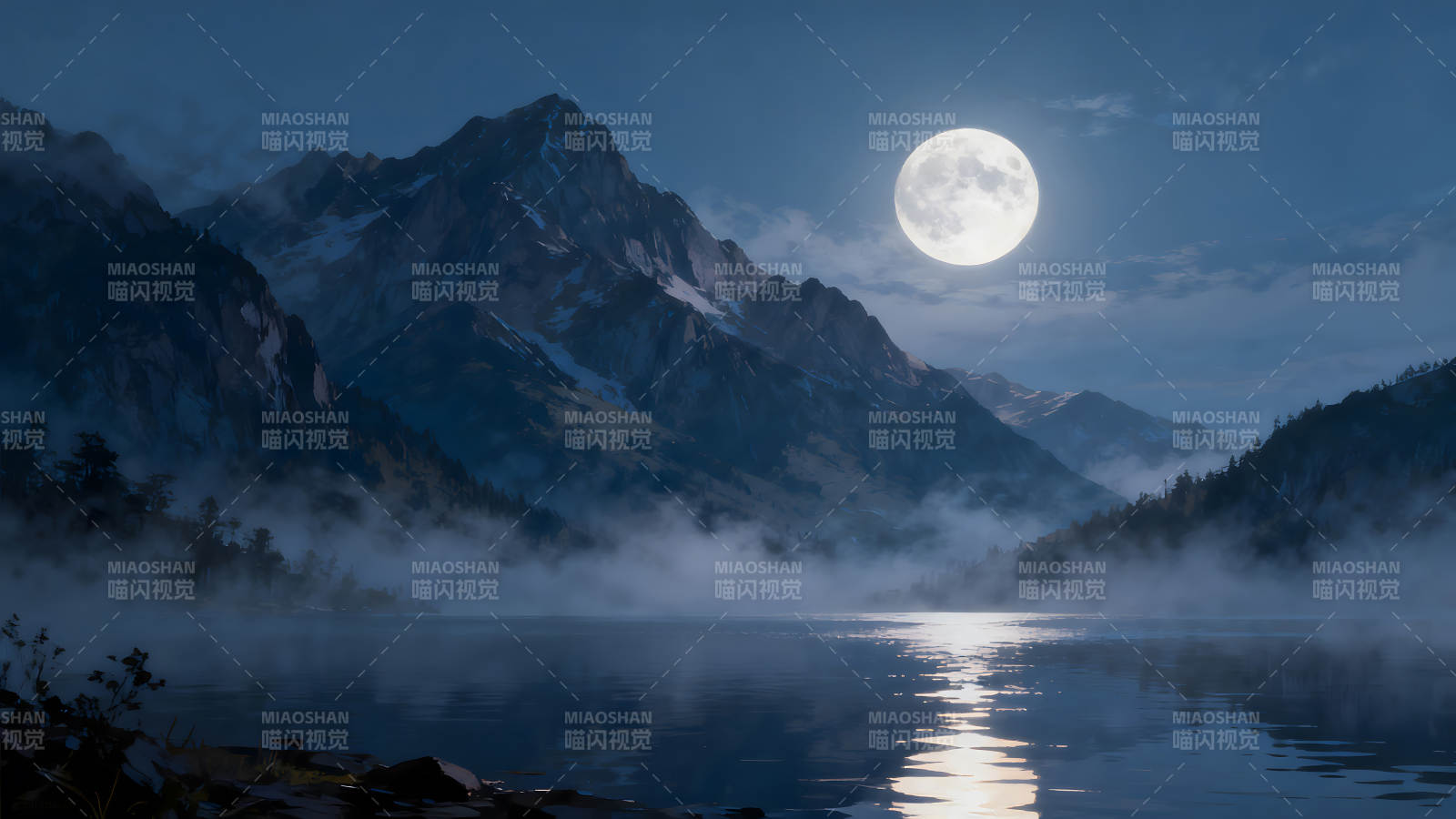 月夜山湖映照景象迷人图片