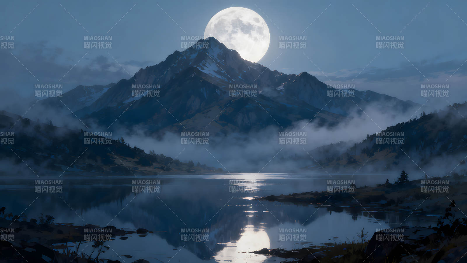 月夜山湖静谧壮阔美丽景象图片