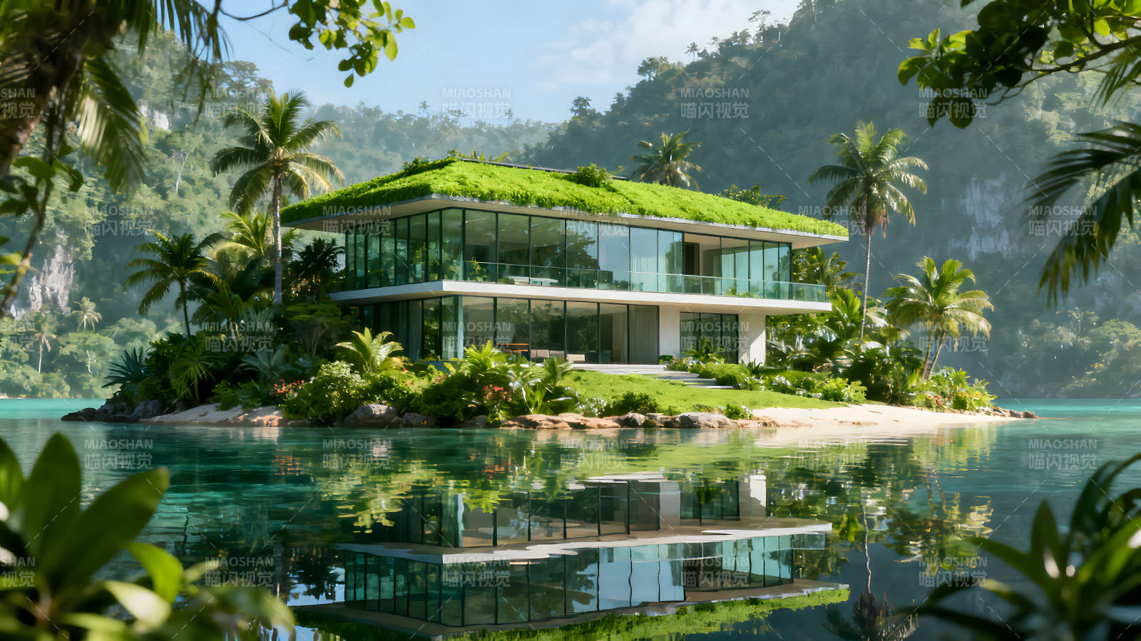 海岛上的现代建筑与绿植环绕图片