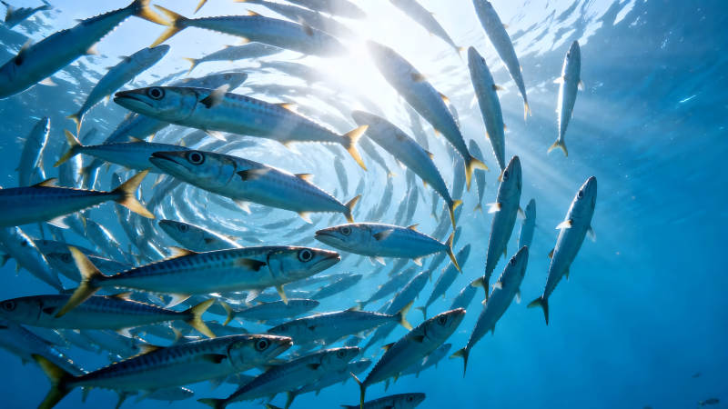 鱼群环绕阳光下蓝海遨游图片