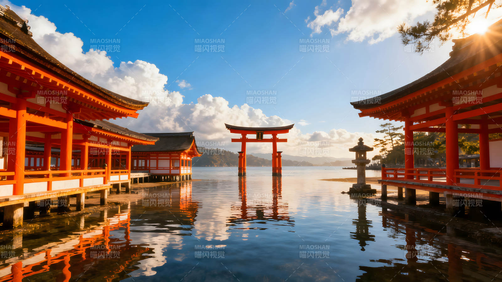 水上神社风景阳光普照下壮丽景色图片