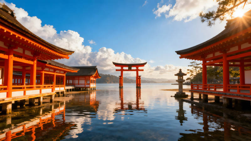水上神社风景阳光普照下壮丽景色图片