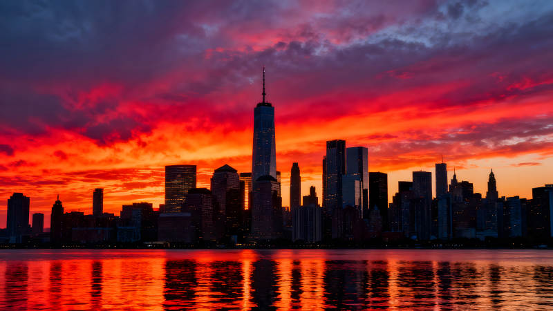 壮丽的日落时分纽约天际线图片