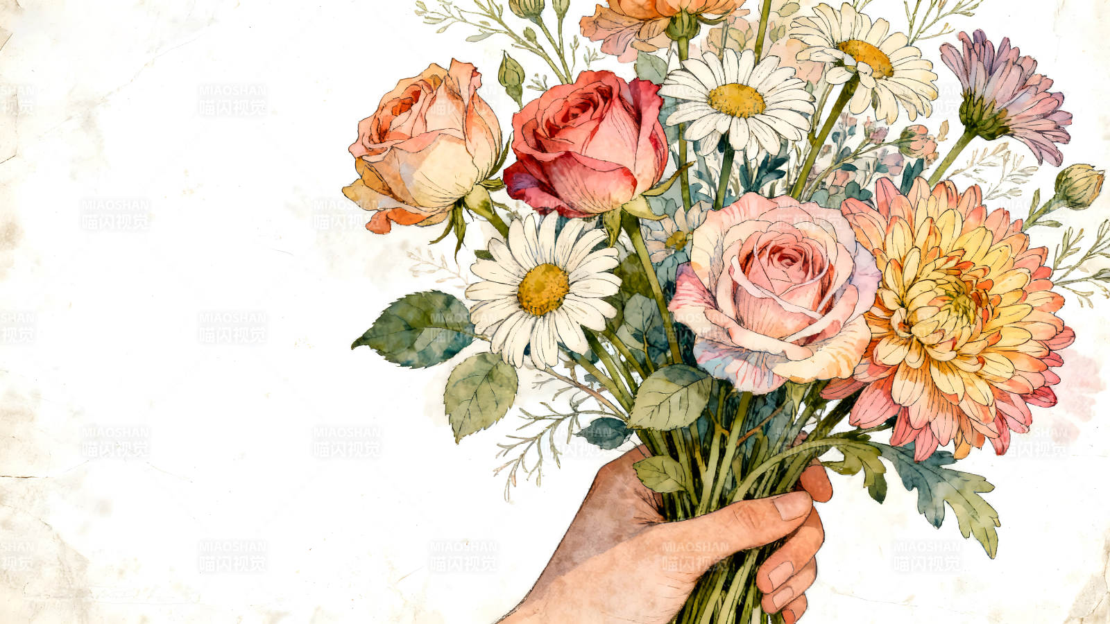 手捧鲜花水彩画图片