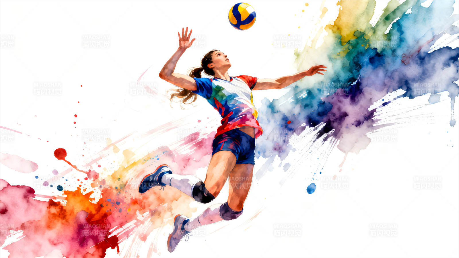 水彩排球女将跳跃瞬间图片