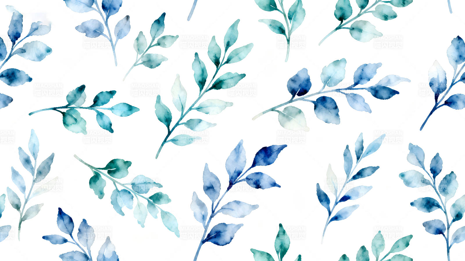 水彩蓝叶白色背景图片