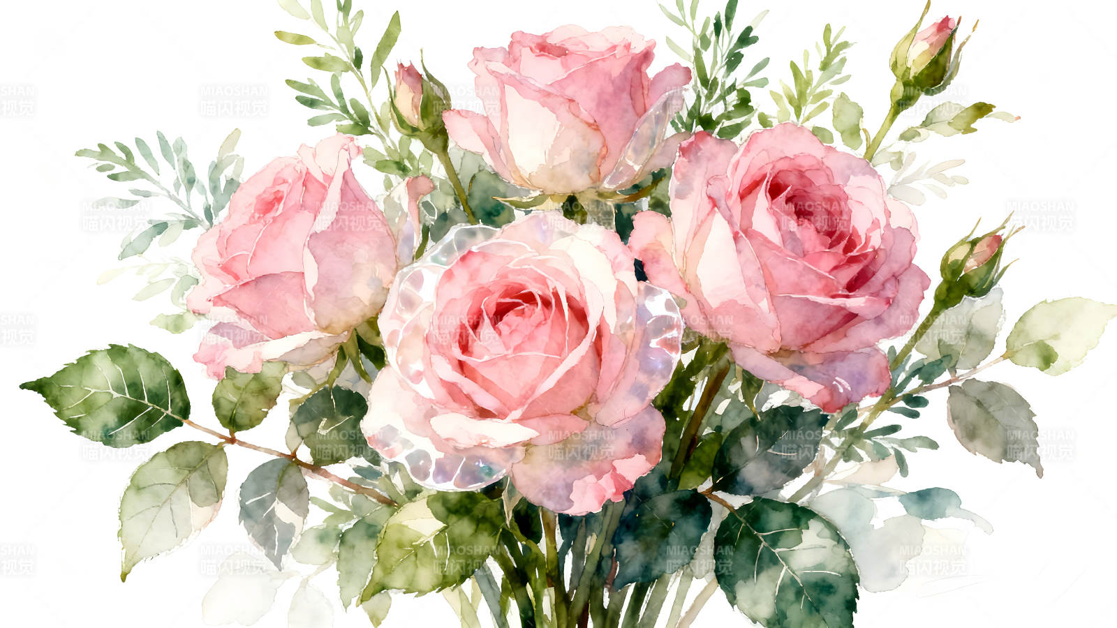 粉色玫瑰花束水彩画图片