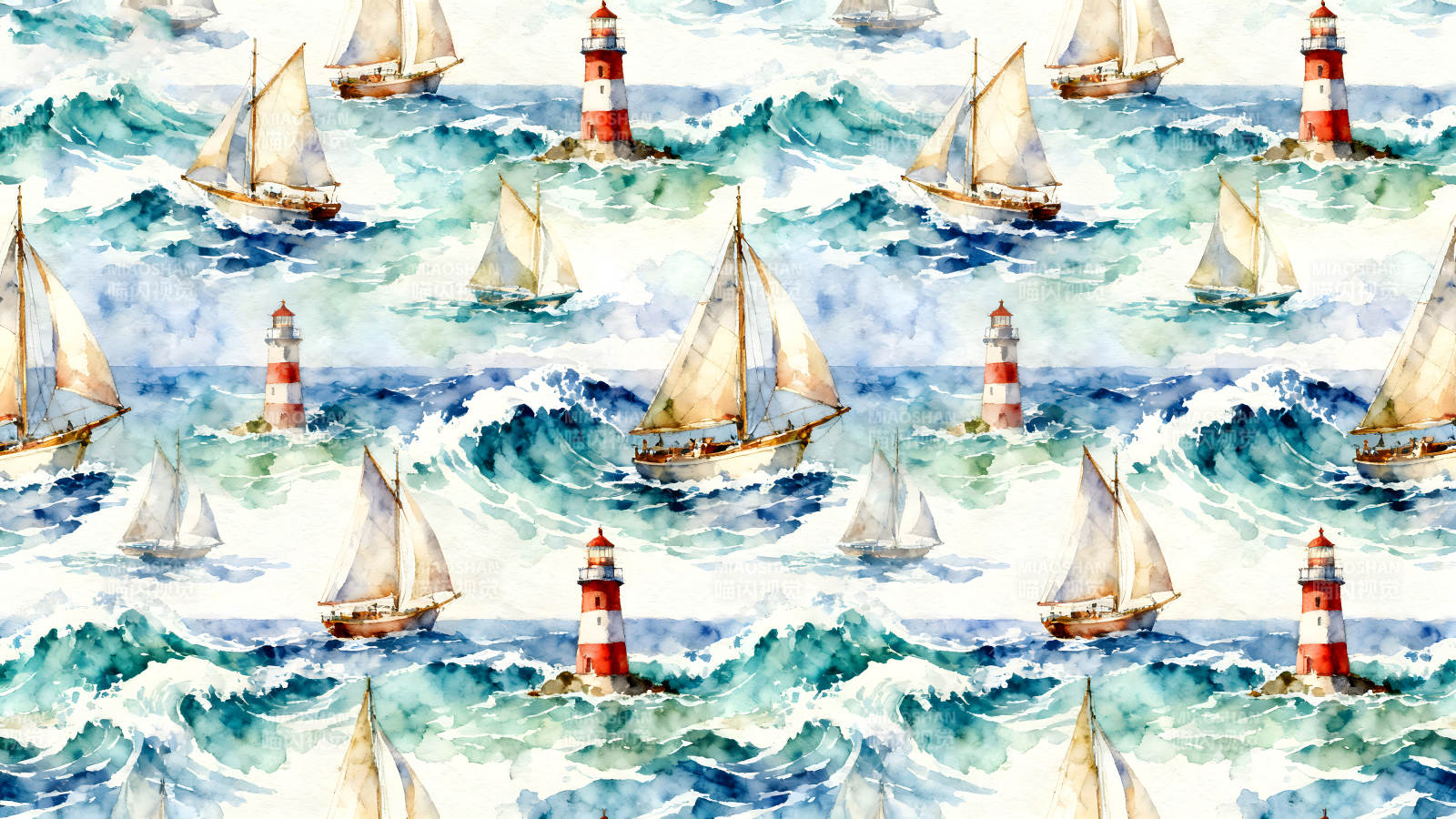 海浪中的帆船和灯塔图案图片