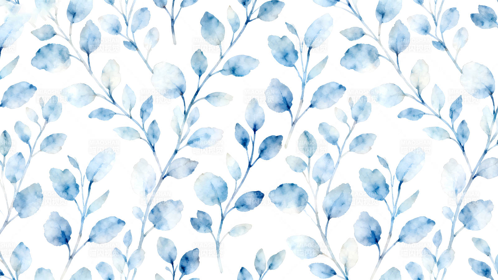 蓝色水彩叶子图案白色背景清新雅致图片