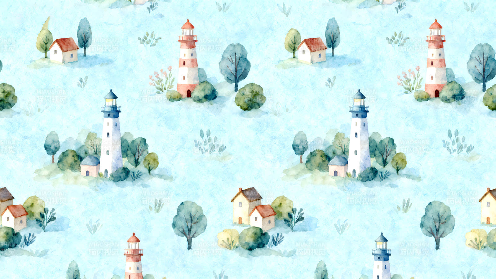 水彩风格的灯塔与小屋图案图片