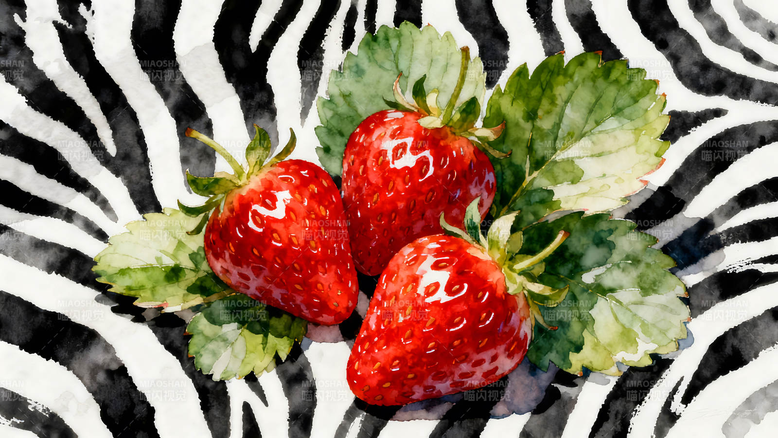 水彩草莓斑马纹背景图片