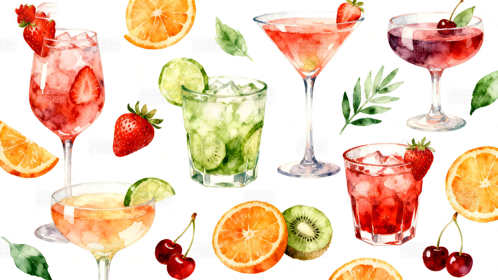 手绘水彩鸡尾酒集合清新诱人图片