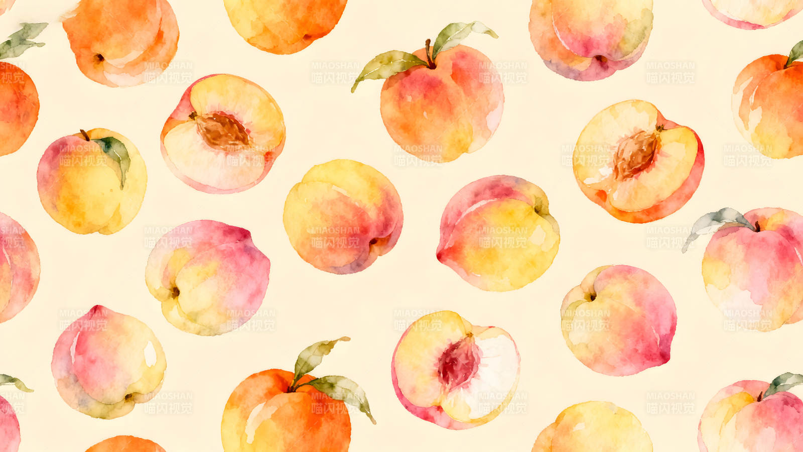 水彩蜜桃图样鲜嫩多汁的夏季水果图片