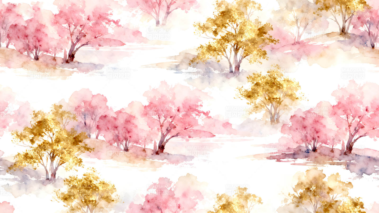 粉色与金色树木的唯美风景图图片
