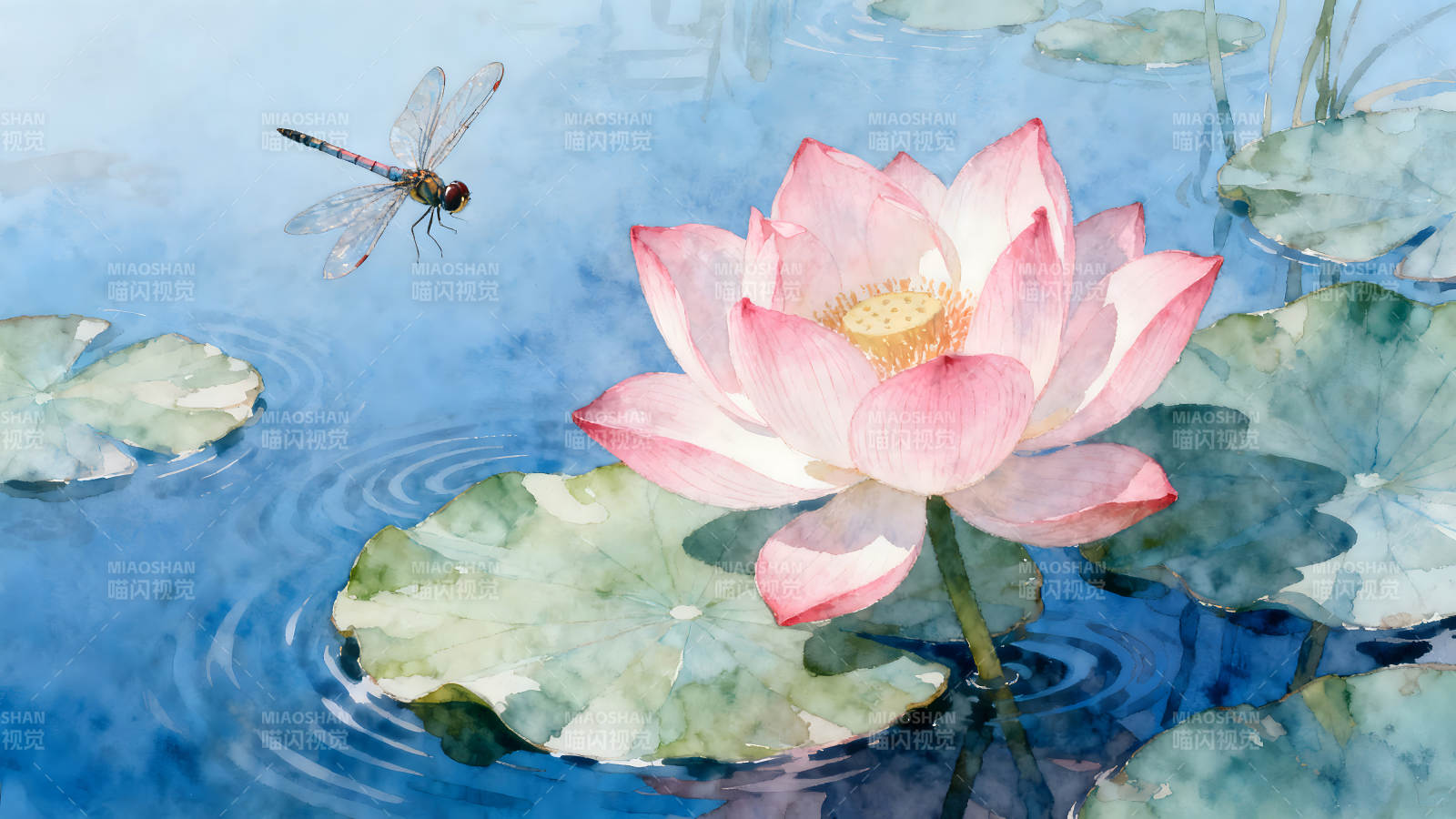 莲花蜻蜓水波纹图片