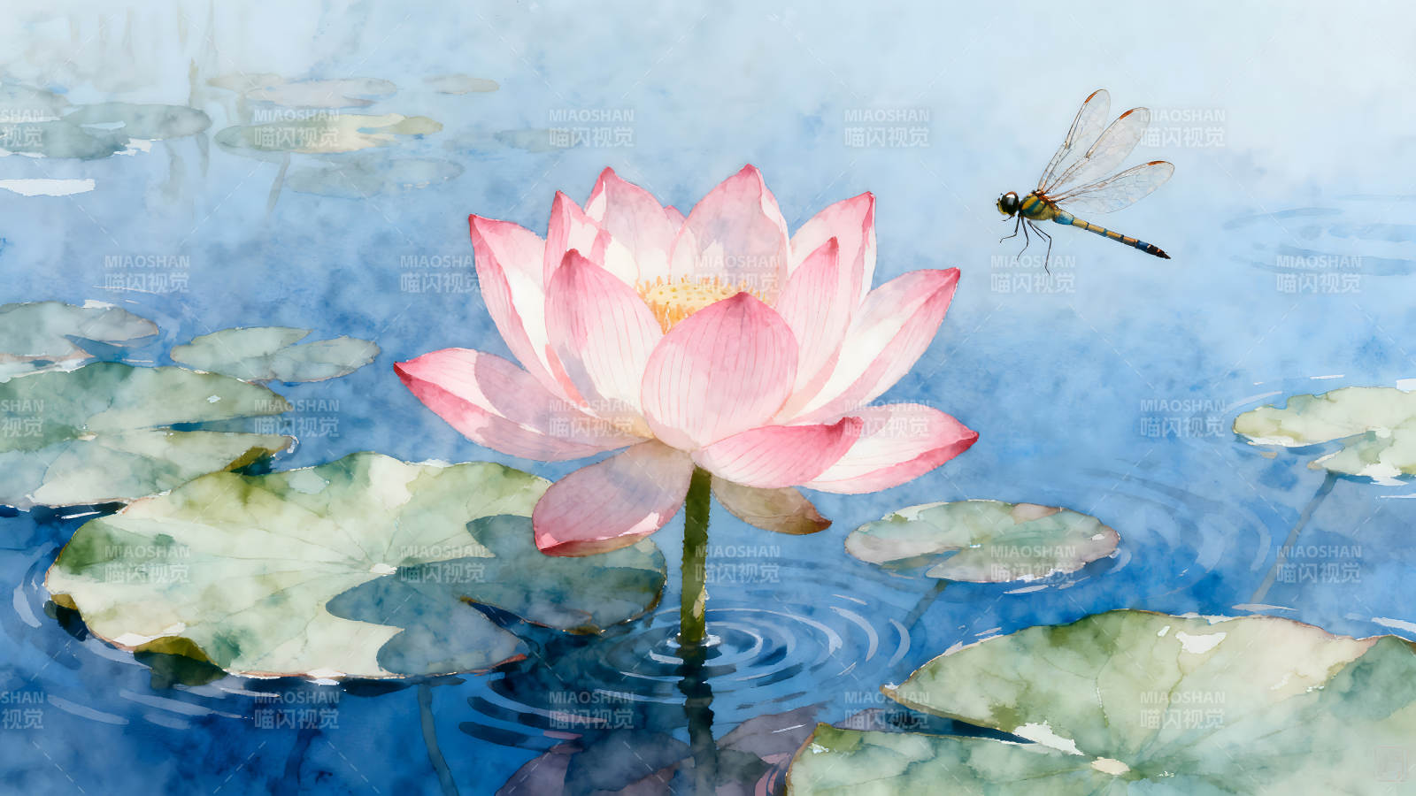 莲花与蜻蜓在水中画面唯美图片