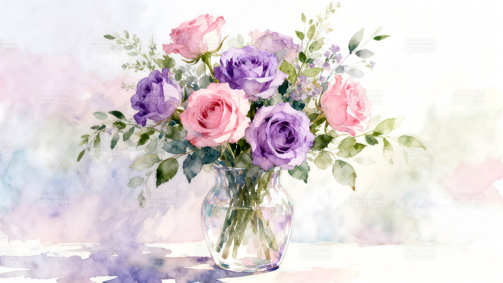 水彩玫瑰花束清新唯美图片