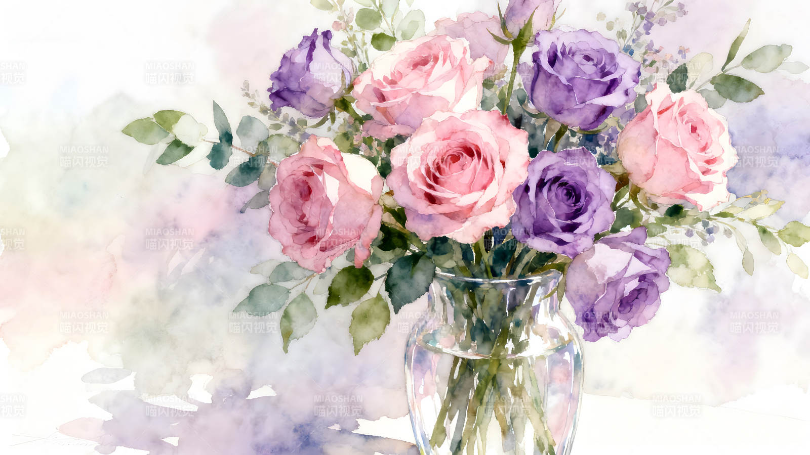 水彩画风的粉紫色玫瑰花束图片