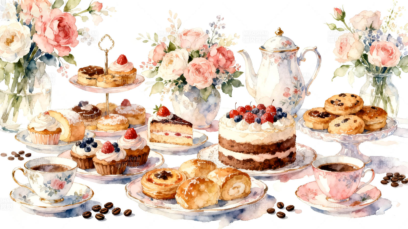 精致下午茶水彩画美味甜点与咖啡图片