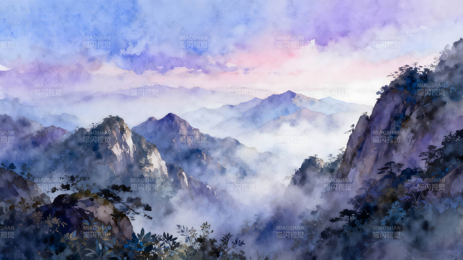 山水雾霭之间仙境般景象图片